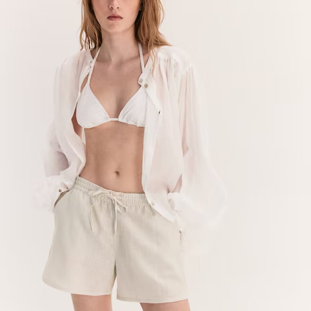 H&M DIvided Women's beige Linen Pull-on drawstring waist beach short XL